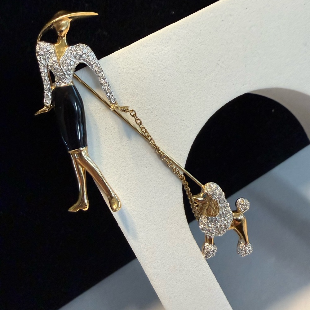Vintage Carolee Limited Edition Enamel and Crystal Deco Lady and Poodle Brooch